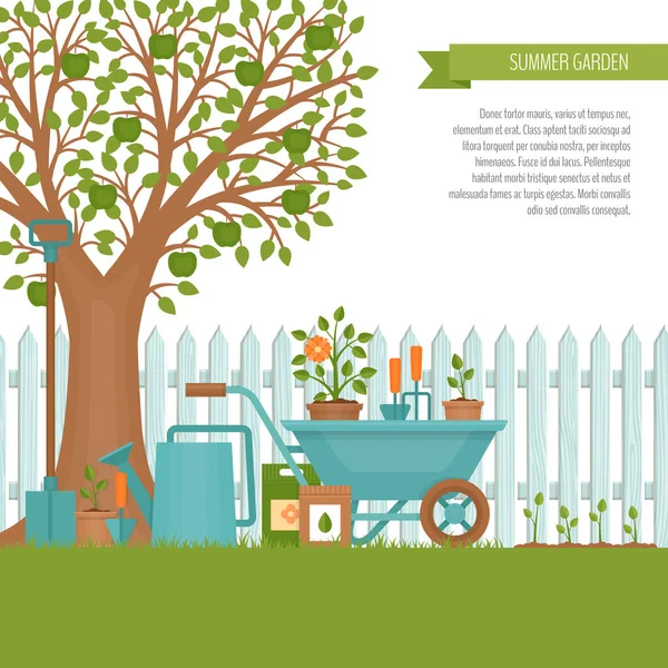 Concept van tuinieren. Tuingereedschap. Banner met zomer tuinlandschap. Vlakke stijl, vectorillustratie. — Stockvector