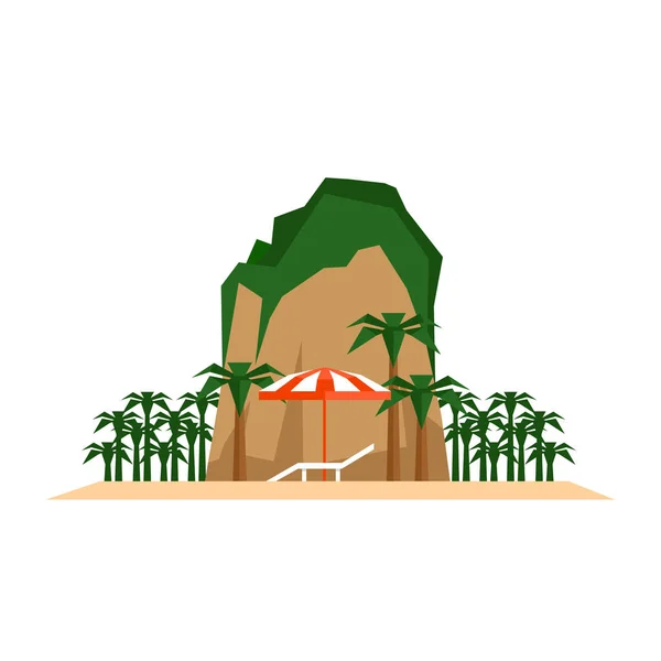 Concepto de vacaciones en playa. Chaise longue, sombrilla de playa y paisaje de isla tropical. Estilo plano, ilustración vectorial . — Vector de stock