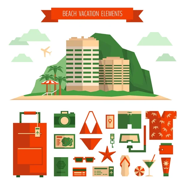 Beach vacation concept and object set. Things for summer travel. Traveling, tourism, vacation illustration and icons set. Flat style, vector.