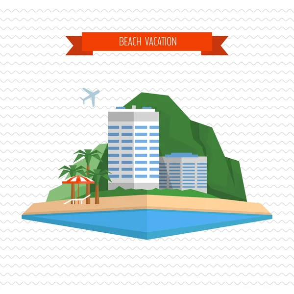 Strand nyaralás koncepció. Kanapé longue, napernyő, hotel és trópusi sziget tájat. Lapos stílusú, vektoros illusztráció. — Stock Vector