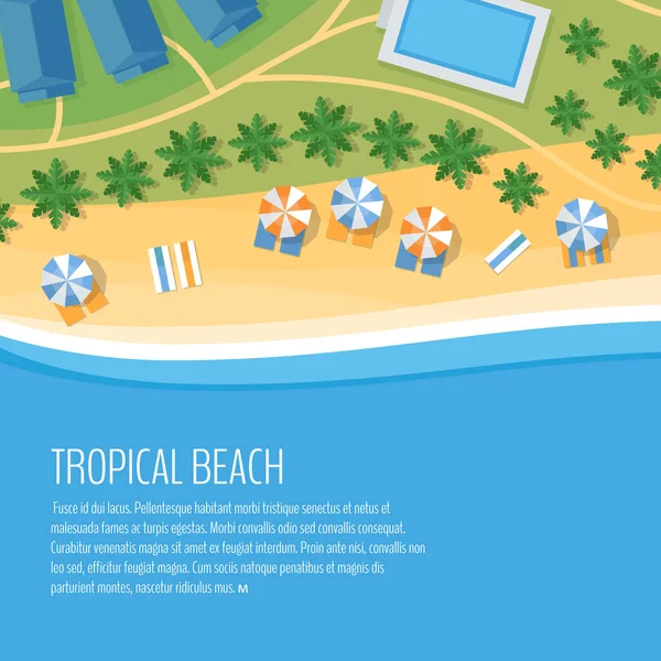 Top view of a tropical beach. Palm trees, umbrellas and lounge chairs on the beachfront. Summer holiday. Vector Illustration, flat design style.