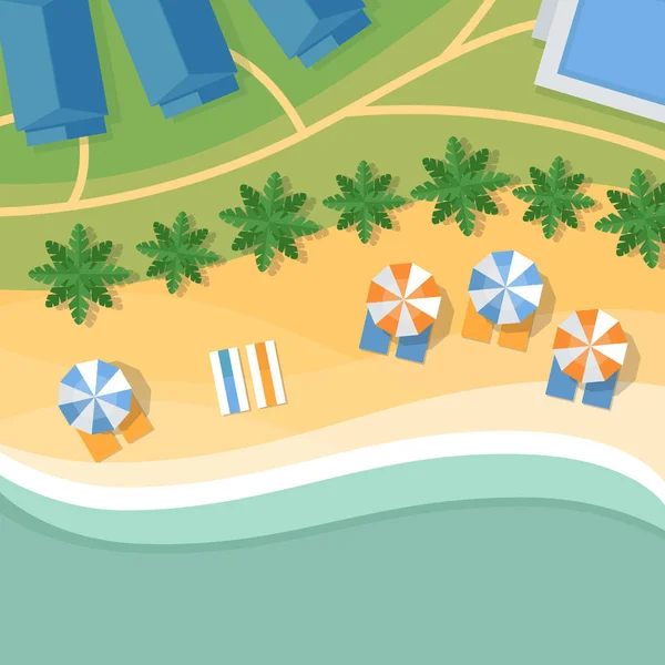 Felülnézete egy trópusi tengerparton. Pálmafák, a napernyők és a nyugágyak a tengerparton. Nyári szünet. Vektoros illusztráció, lapos design stílusban. — Stock Vector