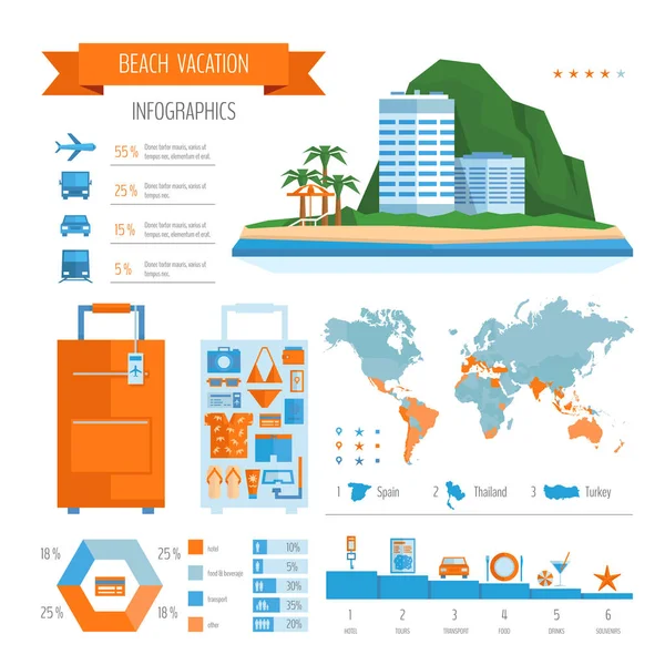 Infografica sulle vacanze al mare. Viaggi estivi e pianificazione del turismo. Stile piatto, illustrazione vettoriale . — Vettoriale Stock