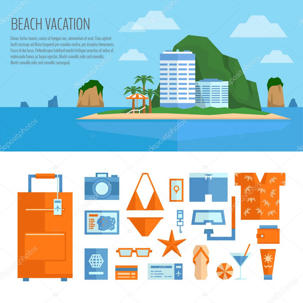 Beach vacation banner and object set. Things for summer travel. Traveling, tourism, vacation illustration and icons set. Flat style, vector.
