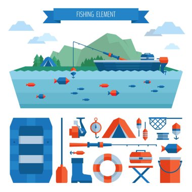 Nesne kümesi ve üstbilgi Balık tutma. Balıkçı teknesi, düz stil.