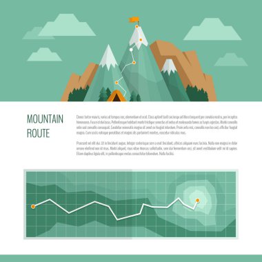 Yürüyüş, yürüyüş, tırmanma ve kavram kamp dağ. Hiking trail kavramı, infographics.
