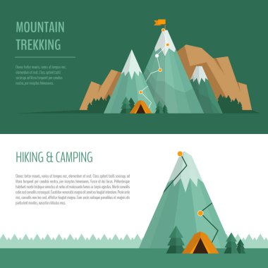 Yürüyüş, yürüyüş, tırmanma ve kavram kamp dağ. Hiking trail kavramı, infographics.