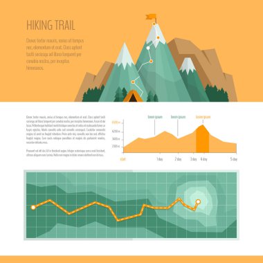Yürüyüş, yürüyüş, tırmanma ve kavram kamp dağ. Hiking trail kavramı, infographics.