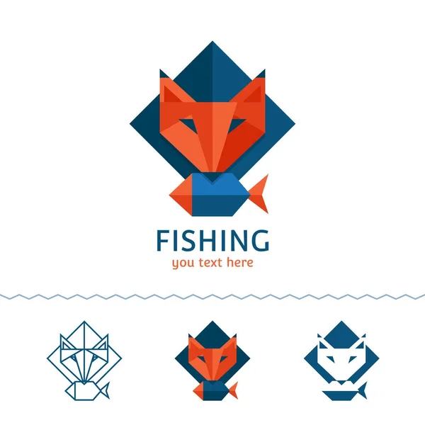 Ψάρεμα λογότυπο. Fox κρατώντας ένα ψάρι. Επίπεδη στυλ, εικονογράφηση διάνυσμα. — Διανυσματικό Αρχείο