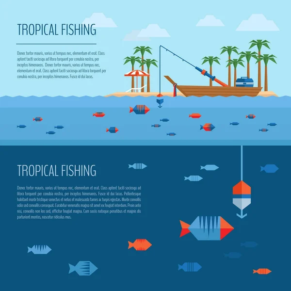 Тропічний рибальський прапор. Концепція риболовлі літнього сезону. Риболовля на човні. Плоский стиль, Векторні ілюстрації . — стоковий вектор