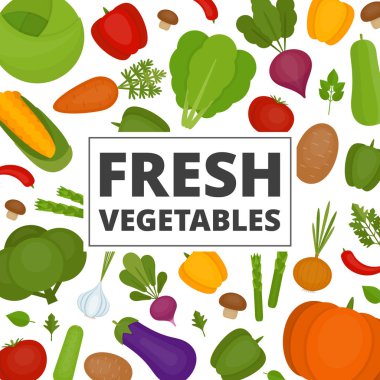 Sebze arka plan. Taze sebze desen. Organik ve sağlıklı gıda. Düz stil, vektör çizim.