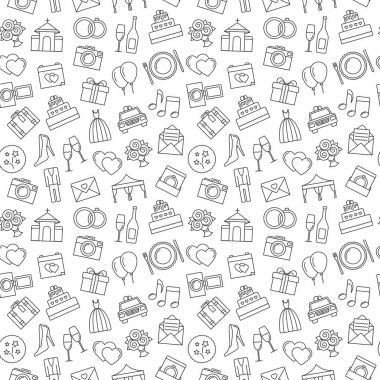 Düğün arka plan. Düğün nesnesinin seamless modeli. Çizgi film düğün sembolleri. Anahat simgeleri, siyah ve beyaz.