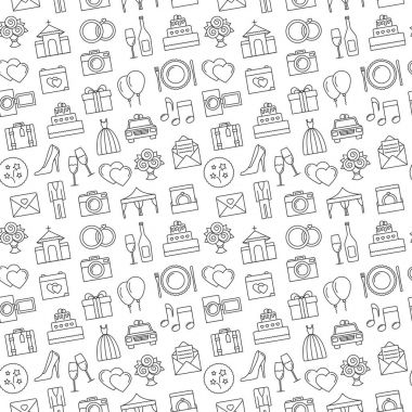 Düğün arka plan. Düğün nesnesinin seamless modeli. Çizgi film düğün sembolleri. Anahat simgeleri, siyah ve beyaz.