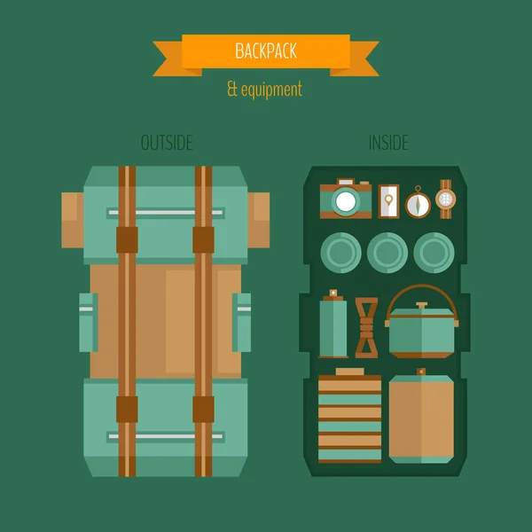 Sac à dos de voyage avec équipement, infographie . — Image vectorielle