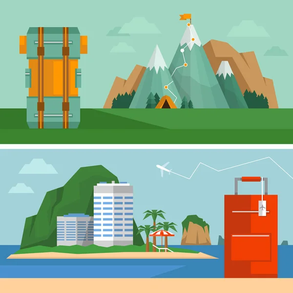 Travel concept. Tropical beach vacation and extreme vacation. Tropical island landscape and mountain landscape. Flat style, vector illustration.