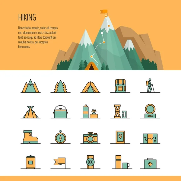 Hiking, trekking and camping header and line icon set. Hiking trail concept, infographics. — Stock Vector