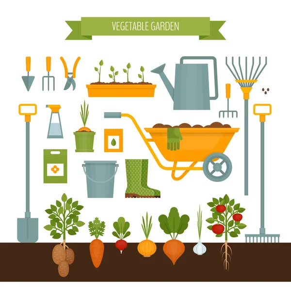 Zeleninová zahrada. Zahradní nářadí. Plochý, vektorové ilustrace. — Stockový vektor
