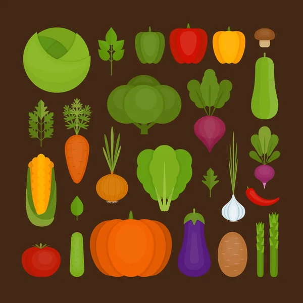 Conjunto de iconos de verduras. Alimento orgánico y saludable. Estilo plano, ilustración vectorial . — Archivo Imágenes Vectoriales