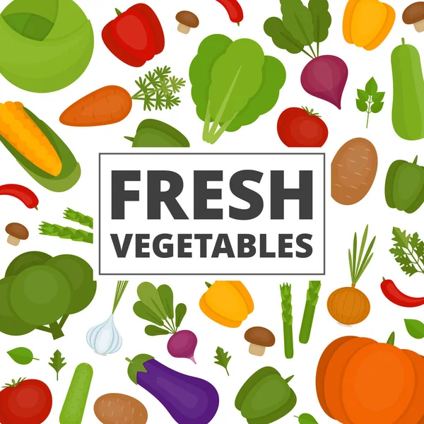 Zöldség háttér. Friss zöldségek minta. Organikus- és egészséges élelmiszer. Lapos stílusú, vektoros illusztráció. — Stock Vector