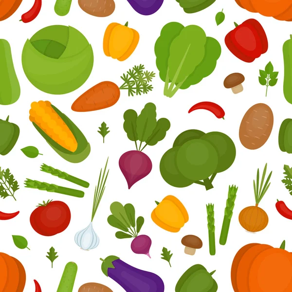 Sfondo di verdure. Modello di verdure fresche. Cibo biologico e sano. Stile piatto, illustrazione vettoriale . — Vettoriale Stock