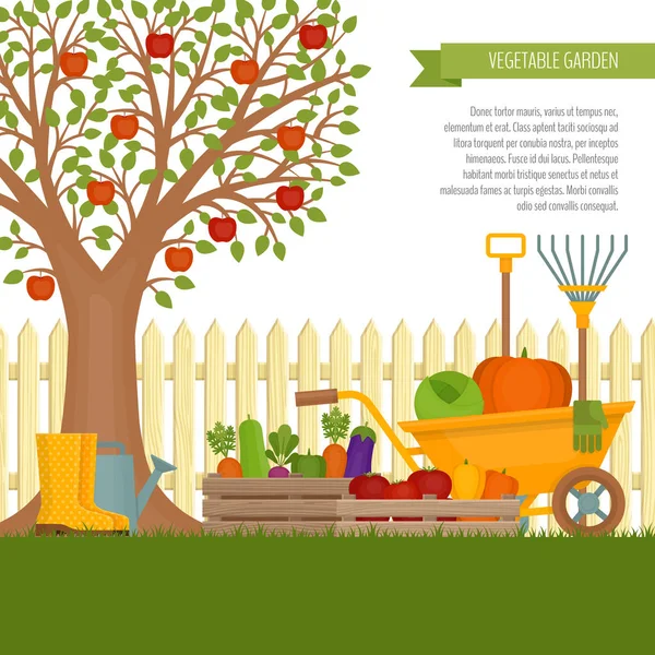 Orto. Concetto di giardinaggio. Banner con orto. Cibo biologico e sano. Stile piatto, illustrazione vettoriale . — Vettoriale Stock