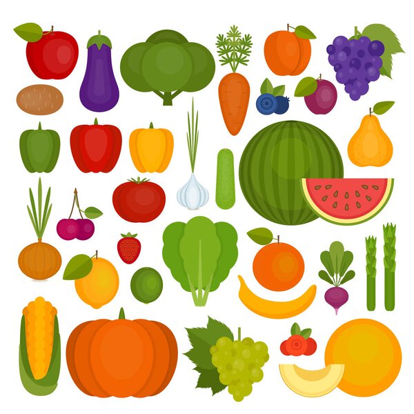 Fruits and vegetables set. Organic and healthy food. Flat style, vector illustration.