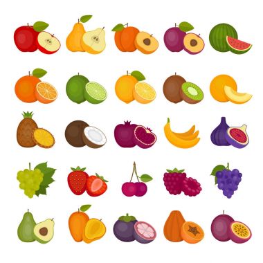 Meyve ve çilek Icons set. Düz stil, vektör çizim.