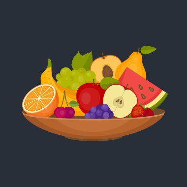 Meyve ve çilek. Sağlıklı gıda. Düz stil, vektör çizim.