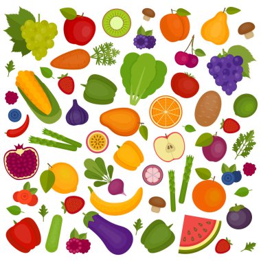 Meyve ve sebze arka plan. Organik ve sağlıklı gıda. Düz stil, vektör çizim.