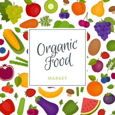 Meyve ve sebze arka plan. Organik ve sağlıklı gıda. Düz stil, vektör çizim.
