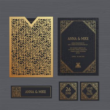 Lüks düğün davetiyesi veya geometrik süsleme tebrik kartı. Art Deco tarzında. Kağıt dantel zarf şablonu. Davetiye Zarfı mock-up lazer kesim için düğün. Vektör çizim. 