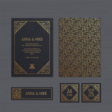 Lüks düğün davetiyesi veya geometrik süsleme tebrik kartı. Art Deco tarzında. Kağıt dantel zarf şablonu. Davetiye Zarfı mock-up lazer kesim için düğün. Vektör çizim. 