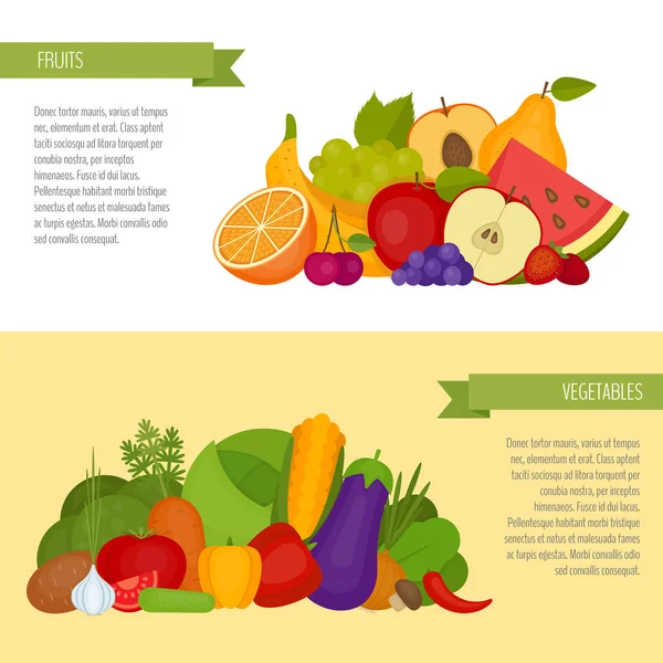 Groenten en fruit banner. Gezonde voeding. Vlakke stijl, vectorillustratie. — Stockvector