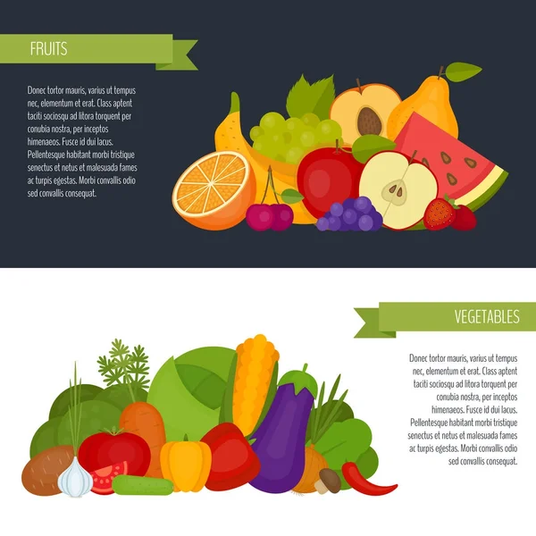 Banner de frutas y verduras. Comida saludable. Estilo plano, ilustración vectorial . — Vector de stock