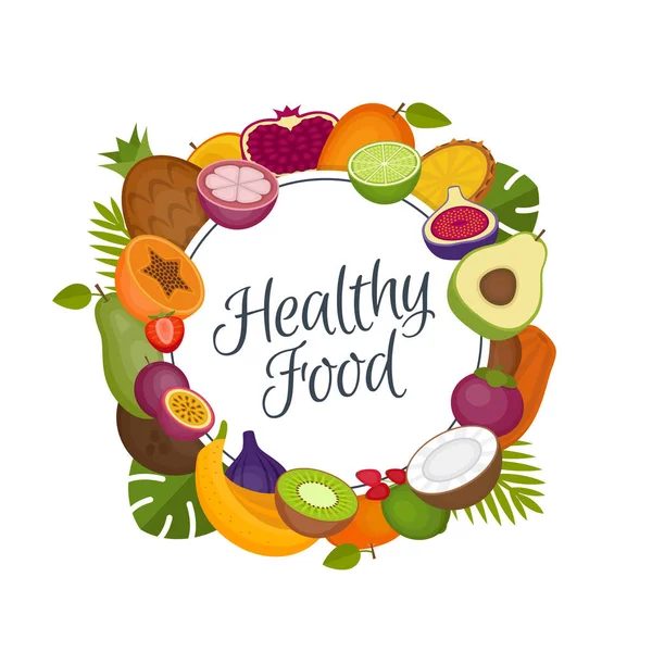 Tropické ovoce rám. Zdravé jídlo. Organické potraviny. Plochý, vektorové ilustrace. — Stockový vektor