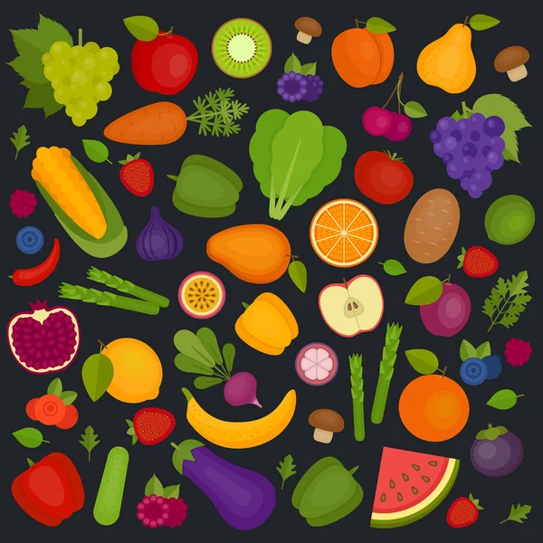 Ovoce a zeleninu na pozadí. Ekologické a zdravé potraviny. Plochý, vektorové ilustrace. — Stockový vektor