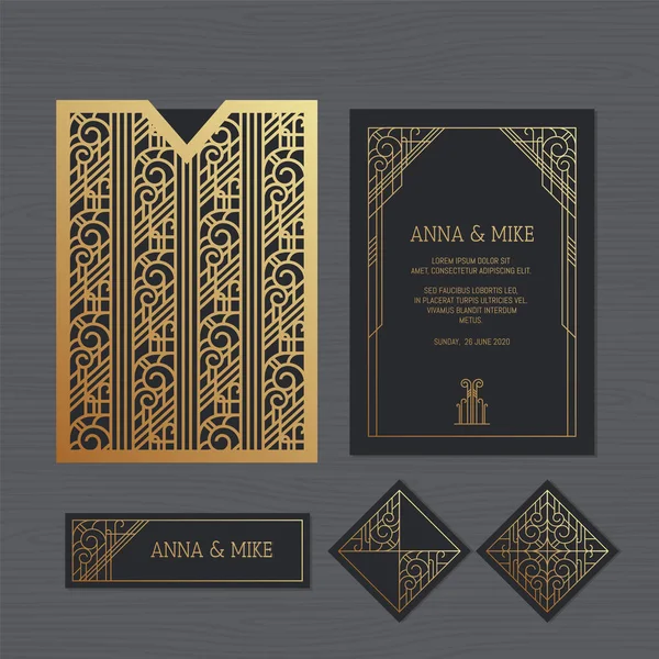 Luxury wedding invitation or greeting card with geometric ornament. Art Deco style. Paper lace envelope template. Wedding invitation envelope mock-up for laser cutting. Vector illustration. — Stock Vector