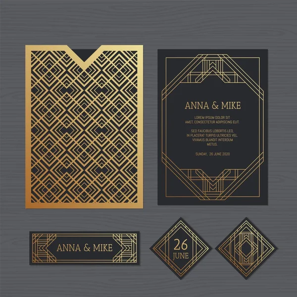 Luxury wedding invitation or greeting card with geometric ornament. Art Deco style. Paper lace envelope template. Wedding invitation envelope mock-up for laser cutting. Vector illustration. — Stock Vector