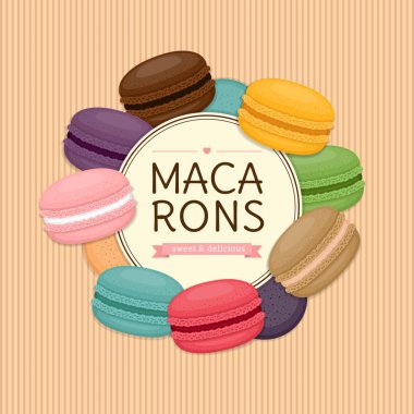 Renkli macaroons kare yuvarlak. Farklı pasta macaron. Düz stil, vektör çizim.