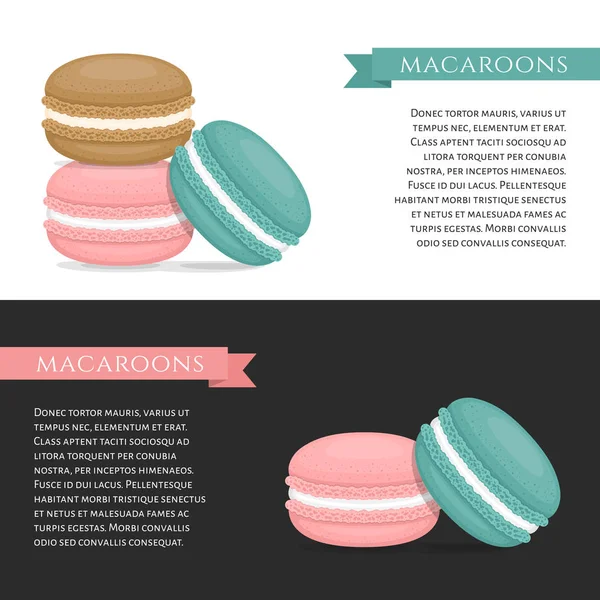 Verschillende soorten bitterkoekjes. Banner macaron taart. Vlakke stijl, vectorillustratie. — Stockvector