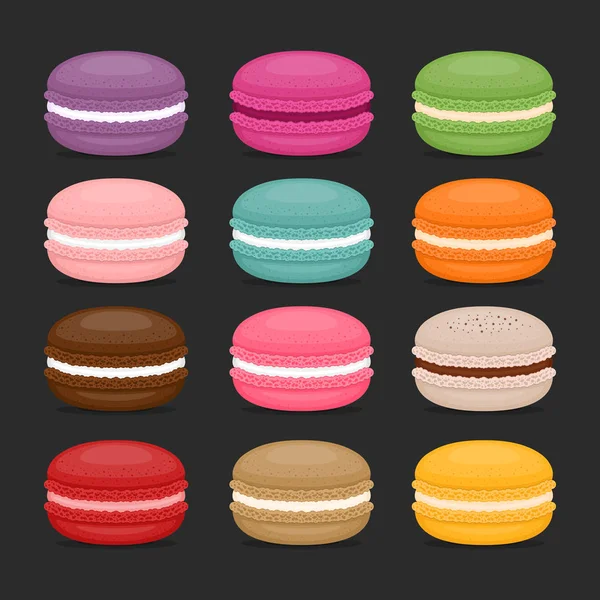 Różne rodzaje makaroniki. Zestaw różnych smak ciasta macarons. Płaski, ilustracji wektorowych. — Wektor stockowy