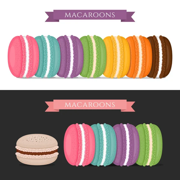 Különböző típusú macaroons. Banner macaron sütemény. Lapos stílusú, vektoros illusztráció. — Stock Vector