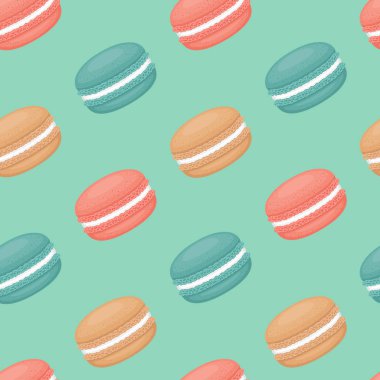 Bademli kurabiye ile Seamless modeli. Renkli macarons kek. Düz stil, vektör çizim.