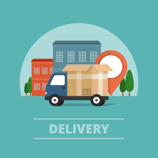 Serviço de entrega. caminhão de entrega no fundo da cidade. Estilo plano, ilustração vetorial . — Vetor de Stock