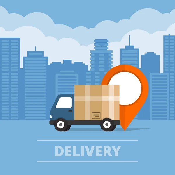 Delivery service. Delivery truck  on city background. Flat style, vector illustration. — Stock Vector