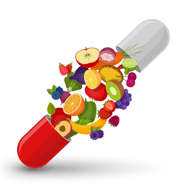 Cápsula médica con frutas y verduras. Vitaminas y suplementos. Diferentes frutas en cápsula. Estilo plano, ilustración vectorial . — Vector de stock