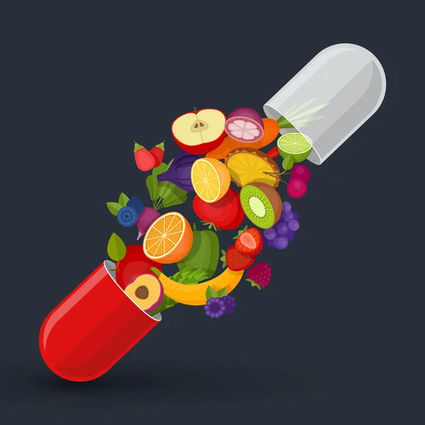 Cápsula médica com frutas e legumes. Vitaminas e suplementos. Fruta diferente na cápsula. Estilo plano, ilustração vetorial . — Vetor de Stock