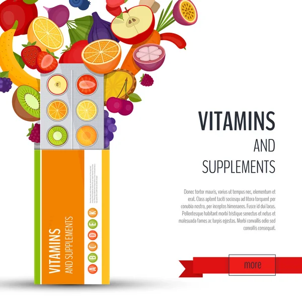 Blistrové balení pilulek s ovocem. Vitamíny a doplňky stravy. Plochý, vektorové ilustrace. — Stockový vektor