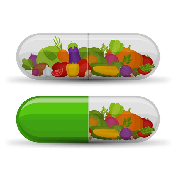 Medical capsule with vegetables. Vitamins and supplements. Different fruit in capsule. Flat style, vector illustration. — Stock Vector