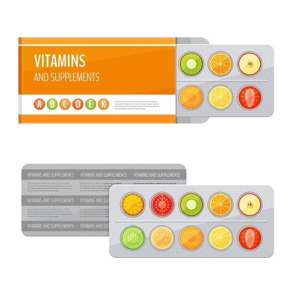 Blistrové balení pilulek s ovocem. Vitamíny a doplňky stravy. Plochý, vektorové ilustrace. — Stockový vektor